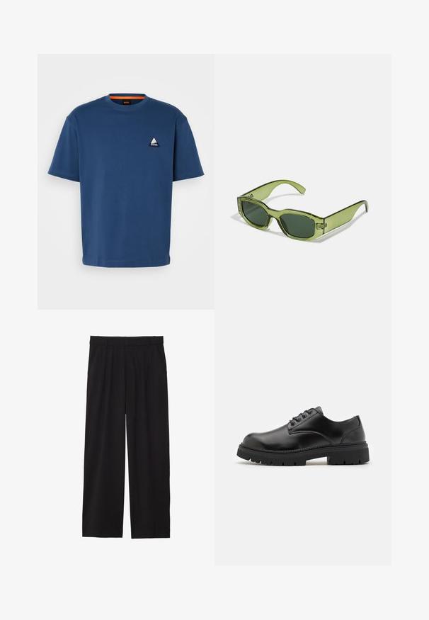 Granatowa bawełniana koszulka z okrągłym dekoltem. Na lewej piersi znajduje się trójkątny logo w białym i niebieskim kolorze. Krótkie rękawy, luźny krój.; Czarne spodnie w stylu szerokich nogawek z plisowanym przodem, bocznymi kieszeniami i gładką teksturą materiału. Zaprojektowane w luźnym kroju.; Czarne skórzane buty z zaokrąglonym czubkiem, na sznurówki, z grubą, teksturowaną gumową podeszwą. Cecha to przeszycia wzdłuż krawędzi oraz gładkie wykończenie.; Zielone, przezroczyste okulary przeciwsłoneczne o prostokątnym kształcie, ciemnozielone soczewki i akcent z logo po boku. Gładka tekstura i nowoczesny design.; Czarna torba sportowa wykonana z teksturowanego tworzywa sztucznego. Posiada dwa uchwyty oraz regulowany pasek na ramię. Prosty design bez widocznych wzorów.