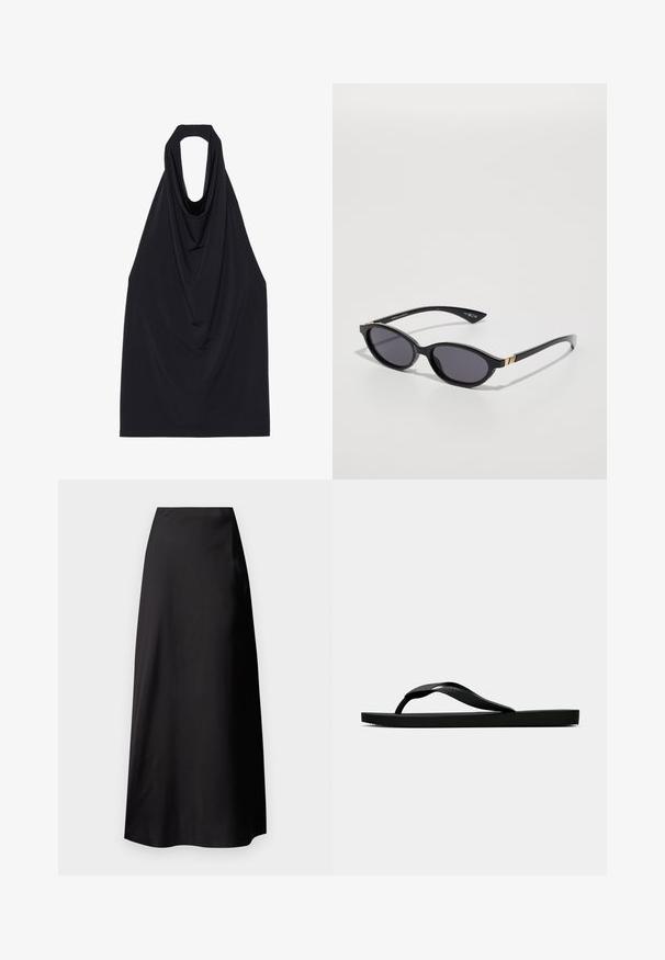 Svart ärmlös topp med draperad halsringning, tillverkad av ett mjukt och elastiskt material, med öppen rygg och en slät, minimalistisk design.; Svart satinmaxiklänning med en mjuk textur, hög midja, flödande silhuett och inga synliga mönster eller detaljer i metall.; Svart gummislip-in sandal med ett texturerat rem och enkel platt sula, visas från sidan på en enkel ljus bakgrund.; Svarta solglasögon med ovala linser, mörk gradienttoning och smala skalmar med subtila guldaccenter. Slät plastfinish.