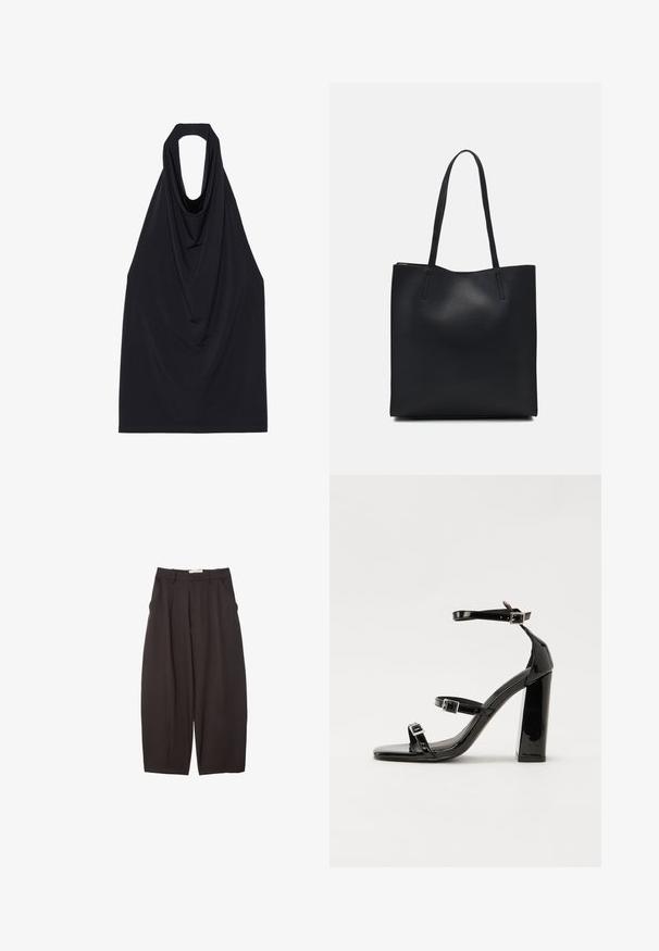 Black sleeveless top with a draped neckline, made from a soft, stretchy fabric, featuring an open back and a smooth, minimal design.; Black wide-leg trousers made from a smooth fabric, featuring a high waist, front pleats, and side pockets. Simple design without embellishments.; Black patent heeled sandals with a square toe, ankle straps, and silver buckles. Features a chunky block heel for stability.; Black leather tote bag with smooth texture, rectangular shape, and two long handles. No visible hardware or embellishments.