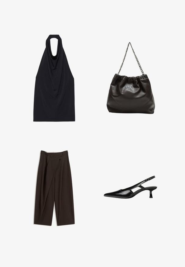 Top nero senza maniche con scollo drappeggiato, realizzato in un tessuto morbido e elasticizzato, con schiena aperta e un design semplice e pulito.; Pantaloni a gamba larga marrone scuro con vita alta, dotati di una chiusura con bottone singolo e una parte anteriore plissettata. Realizzati in tessuto leggero.; Tacchi slingback in pelle verniciata nera con punta affusolata, design con tagli laterali e tacco quadrato piccolo. Texture liscia con dettagli minimi.; Borsa in pelle marrone con parte superiore arricciata e tracolla a catena. Texture liscia con finitura lucida e dettagli di cucitura sottili sui lati.