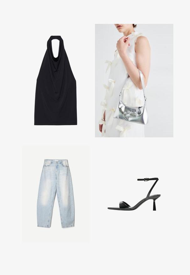 Schwarzes tanktop ohne Ärmel mit einem drapierten Ausschnitt, hergestellt aus einem weichen, dehnbaren Stoff, mit einem offenen Rücken und einem glatten, minimalistischen Design.; Hellblaue Jeans aus Denim mit lockerer Passform, im ausgewaschenen Finish, zwei Fronttaschen und einem Knopfverschluss am Bund.; Bershka High Heel Sandalette - black; Silberne metallische Handtasche mit strukturierter Form, ausgestattet mit einem oberen Griff und einer Schleifenapplikation auf der Vorderseite. Glatte Textur, reflektierendes Finish.
