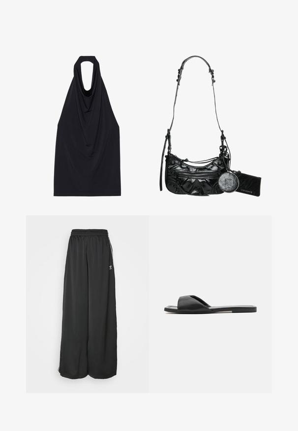 Musthave mustamata pehmeast, venivast kangast, millel on avatud selg ja sujuv, minimalistlik disain.; Mustad, vabalt langevad spordipüksid, mis on valmistatud siledast kangast. Omab elastset vöökoht ja külgedel triibusid koos logo aktsentidega.; Mustad mustad sandaalid on valmistatud siledast sünteetilisest materjalist, avatud varbakujundusega ning lamedate tallaga, mille külgedel on minimaalne aktsentlint.; Must mustnahk tasku, millel on kaarjas disain, tõmblukuga esi-tasku ja dekoratiivne riistvara koos eemaldatava ümmarguse mündikotiga.