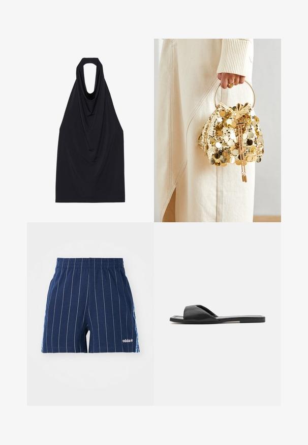 Black sleeveless top with a draped neckline, made from a soft, stretchy fabric, featuring an open back and a smooth, minimal design.; Navy blue shorts with white pinstripes, elastic waistband, and Adidas logo. Features blue accents on the sides, made of cotton blend material.; Black slide sandals feature a smooth synthetic material, open-toe design, and a flat sole with a minimal accent strip on the side.; Gold sequin drawstring handbag with a circular handle, featuring shiny round sequins and a textured fabric. Dimensions are not provided.
