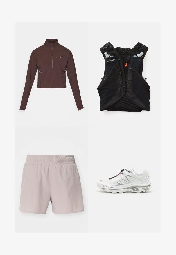 Tummanruskea pitkähihainen neljännesvetoketjullinen urheilupe Top, jossa on korkea kaulus, pieni valkoinen logo rinnassa ja hienovaraiset sivuyksityiskohdat.; Vaaleanbeiget shortsit, joissa on joustava vyötärö, sileä pinta ja yksinkertainen muotoilu. Ei näkyviä kiinnityksiä tai kaavioita.; Valkoinen urheilukengä, jossa on teksturoitu pinta, heijastavat yksityiskohdat ja harmaa pohja. Varustettu korostetuilla kolmiomaisilla kuvioilla ja nopealla nauhoitusjärjestelmällä.; Salomon ACTIVE SKIN 12 SET UNISEX - Juomareppu - black