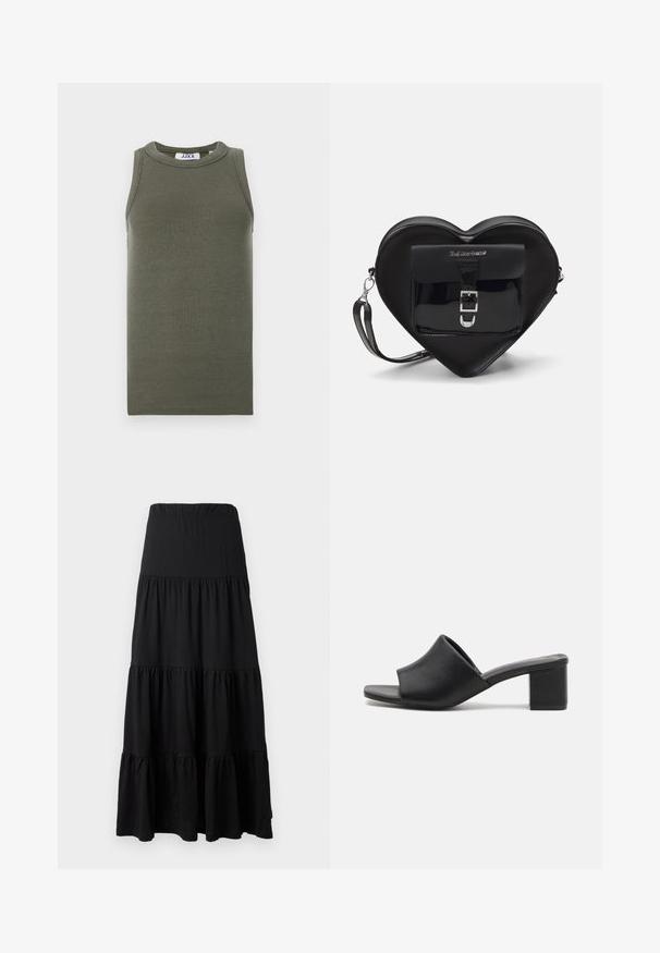 Oliivroheline, ilma varrukateta T-särk, mis on valmistatud ribakangast. Omab ümmargust kaelust ja sirget äärest. Brändi silt on nähtav seestpoolt.; Mustmustel mustriba, mis on valmistatud pehmest kangast, omab kihtide disaini elastse vöökoha ja volangiliste aktsentidega hemars. ; Must have mustel, musta nahk, avatud varvastega, plokknõgelste kontsadega, sileda pinnaga ja kergelt kaarduva pealsega mugavuseks ja stiiliks.; Mustast südamekujulise kotiga, mis on valmistatud lakitud nahast. Ees on tasku, millel on klambri sulgemine ja eemaldatav rihm. Hõbedased detailid.