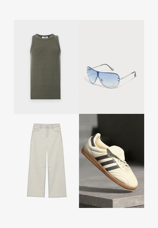 Olivenfarget ermeløs tanktop laget av ribbet stoff. Har rund hals og rett hem. Merkelappen er synlig inni.; Lys grå vide bukser med fem lommer, frontknaplukning og kontrastsying langs sømmene. Stoffet ser blødt og holdbart ud.; Kremfargede lær sneakers med tre mørke striper, en brun gummisåle og en avrundet tå. Har en sammenleggbar tunga merket "SAMBA."; Pilotbriller med gradient blå linse, sølvfarget metallramme og dekorative stjerneaksenter på linsen. Glatt og stilren design.