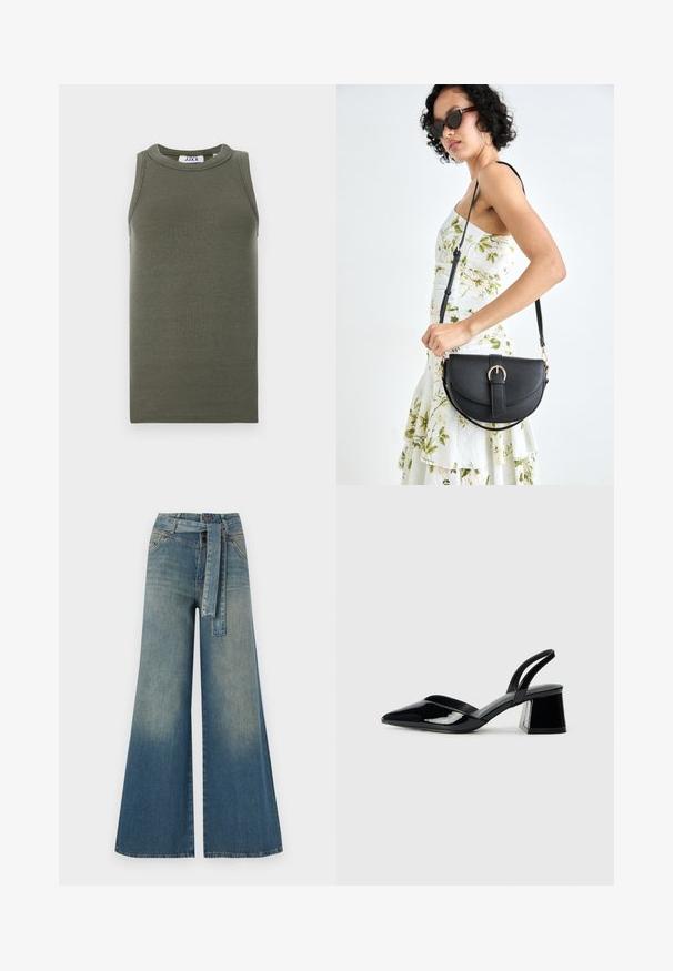 Oliivinvihreä, hihaton tanktoppi, joka on valmistettu ribbitetusta kankaasta. Ominaisuuksina pyöreä pääntie ja suora helma. Brändilogo näkyvissä sisäpuolella.; Yksiväriset farkut leveällä lahkeella, joissa on vaaleasta tummansiniseen häipyvä väri, korkea vyötärö, vyölenkit ja yhteensopiva kangasvyö. Rakennefarkkujen pinta.; Mustat patentoitu nahkakengät, joissa on säären takaosa ja terävä kärki, sekä geometrinen palikkakorko. Sisältää tyylikkään, minimalistisen muotoilun ja sileän pinnan.; Musta nahkainen käsilaukku, joka on kaareva muotoilultaan, irrotettavalla hihnalla ja kultaisilla yksityiskohdilla. Laukussa on läppä, jossa on solk yksityiskohta.