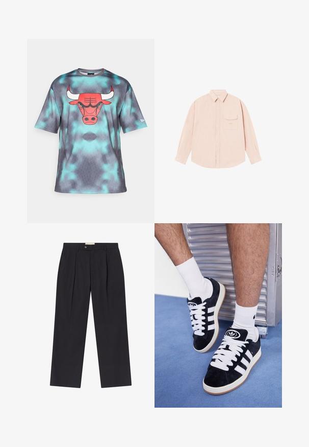 Pelēki un tumši zili tie-dye īsām piedurknēm T-krekli ar izteiktu sarkano vērša grafiku uz priekšpuses, apaļo apkakli un mīkstu tekstūru.; Gaišs rozā garo piedurkņu krekls, izgatavots no mīksta auduma, ar pogājamu kaklu, priekšējo kabatu un nedaudz izšūtu logo uz krūtīm.; Pielāgoti tumši zilie bikses ar augstu jostasvietu, divām priekšējām krokām, pogu aizdari un taisnām kājām no gludas auduma.; Melni zamšaini sporta apavi ar baltiem šņorēm un trim baltām svītrām. Iekļauj arī apaļu melnu logotipu uz mēles un gumijas zoli.