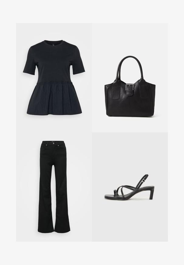 Mustat t-paita lyhyillä hihoilla, pyöreällä kaula-aukolla ja kireällä, rypistyneellä vyötäröllä, joka johtaa levenevään peplum-helmaan. Pehmeä kangas.; Mustat levenevät farkut, valmistettu denimmateriaaleista. Korkea vyötärö, viisi taskua ja metallinen napitus. Sileä pinta, jossa on minimaalinen yksityiskohtaisuus.; Mustat hihnalligat, joissa on neliön muotoinen kärki ja matala lohkokorko. Ominaisuuksiin kuuluu useita ohuita hihnoja ja säädettävä nilkkahihna. Valmistettu sileästä nahasta.; Musta nahkainen olkalaukku, jossa on sileä pinta, ryhdikäs muoto, kaksi kahvaa ja silmienpistävä hopeinen solkiyksityiskohta edessä.