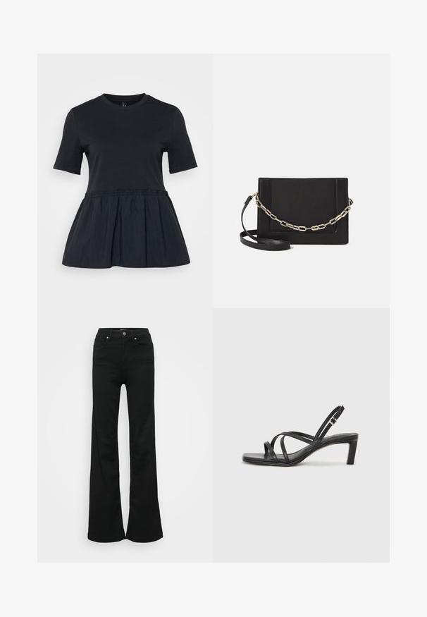 Tricou negru cu mâneci scurte, decolteu rotund și talie strânsă, plisată, care se termina cu o margine evazată. Textură moale a materialului.; Jeans negri evazați din denim, cu talie înaltă, cinci buzunare și închidere cu nasture metalic. Textură netedă, cu detalii minime.; Sandal cu barete negre, cu vârf pătrat și toc mic de bloc. Prezintă mai multe barete subțiri și o bareta ajustabilă la gleznă. Fabricat din piele netedă.; Geantă de umăr din piele neagră, cu o textură netedă, formă rectangulară și un detaliu din lanț metalic în față. Include curea reglabilă.