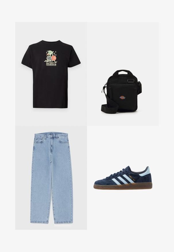 Juodas medvilninis marškinėliai su spalvinga grafika, vaizduojančia ananasą ir vyšnių, tekstas skelbia "Stance Community Run Club." Trumpomis rankovėmis.; Šviesiai mėlyni džinsai su tiesiomis kojomis, turintys vidutinio aukščio juosmenį, penkias kišenes ir mygtuko bei užtrauktuko uždarymą.; Tamsiai mėlyni zomšiniai Adidas sportbačiai su šviesiai mėlynomis juostelėmis, guminiu padu, šviesiai mėlynu užkulniu ir auksiniu "Spezial" logotipu šone.; Juodas per petį nešiojamas krepšys su užtrauktuku, stačiakampio formos, pagamintas iš audinio, su logotipo siuviniu priekyje, reguliuojamo ilgio petneša.