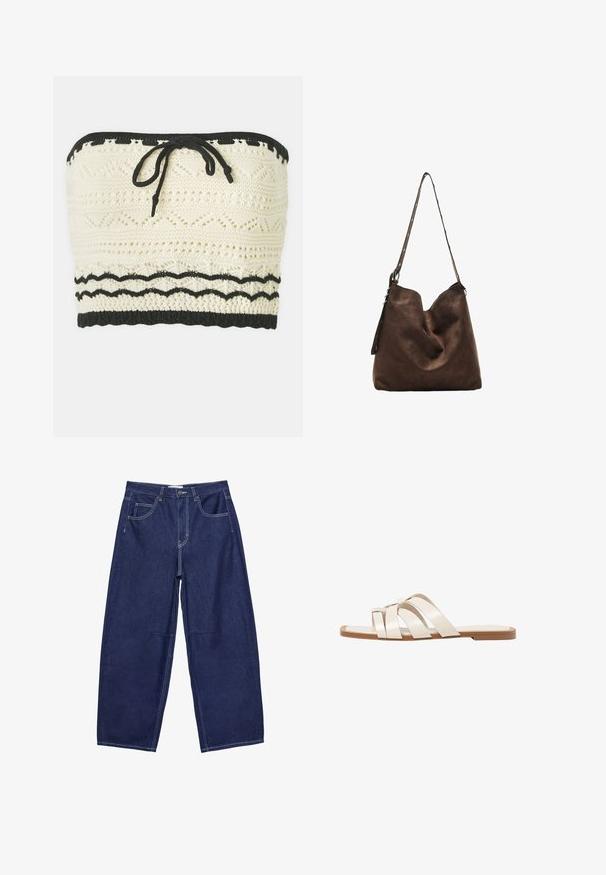 Pletený krátký top v slonovinové barvě se strukturovaným vzorem, se silikonovým elastickým páskem nahoře i dole a předním zavazováním.; Tmavě modré džínové kalhoty širokého střihu s vysokým pasem, pěti kapsami a kontrastním bílým šitím. Hladký povrch, klasický design.; Ploché sandály s hnědou gumovou podrážkou, navržené se třemi překrývajícími se bílými koženými řemínky a malým mašlí uprostřed.; Hnědá semišová hobo taška s zakřiveným vrškem, dlouhým popruhem s tečkovanými akcenty a měkkou texturou. Disponuje uvolněným designem pro každodenní nošení.