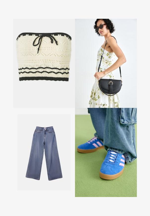 Knitted crop top in ivory with a textured pattern, featuring a black elastic band at the top and bottom and a front tie detail.; Wide-leg denim jeans in a light blue wash, featuring a high waist, front pockets, and a button closure with belt loops.; Blue suede shoes with pink stripes and white laces, featuring a gum rubber sole, paired with loose denim pants on a green surface.; Black leather handbag with a curved shape, detachable strap, and gold hardware. The bag features a flap with a buckle detail.