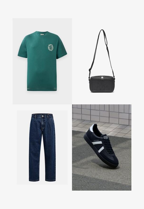 Tyrkysové tričko s krátkym rukávom a okrúhlym výstrihom, s malou bielou grafikou vtáka a okrúhlym textom "Wild Runners Trail Club" na hrudi.; Tmavo modré džínsy s rovnými nohavicami. Obsahujú viditeľné švy, zapínanie na gombík a predné skladanie pre zvýraznenie detailov.; Čierne kožené tenisky s bielymi pruhmi, textúrovanou gumovou podrážkou a šnurovaním vpredu. Obsahujú označenie značky na jazyku.; Čierna kožená crossbody taška so zipsom, s embosovaným logom na prednej strane a nastaviteľným popruhom. Hladká textura a obdlžníkový tvar.