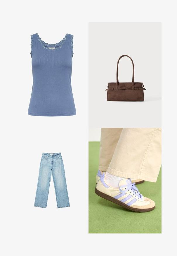 Modrý žebrovaný top s krajkovým lemem kolem výstřihu a průramků, se těsným střihem a měkkou strukturou.; Světle modré džíny s širokými nohavicemi a vysokým pasem, s bledým odstínem a malými, rozptýlenými detaily opotřebení po celém povrchu.; Krémové a levandulové tenisky se třemi pruhy a texturovanou hnědou podrážkou, vybavené tkaničkami a polstrovanou patou. Měkký textilní svršek.; Hnědá semišová kabelka se dvěma pevnými uchy, obdélníkovým tvarem a dekorativním páskem přes přední stranu.