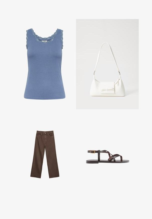 Modrá rebrovaná tielko s čipkovým lemovaním okolo výstrihu a ramienok, so priliehavým strihom a jemnou textúrou.; Džínsy s širokými nohavicami v hnedej farbe, vyrobené z denimu, so zvýšeným pásom, prednými vreckami a klasickým zapínaním na gombík. Hladká textúra s jemným prešívaním.; Hnedé kožené sandály s krížovými popruhmi, uzatváraním na pracku okolo členku a plochou podrážkou s minimálnymi ševmi.; Biela syntetická kabelka s trojuholníkovým tvarom, plochým predným klapkou a detailom mašle, nastaviteľným popruhom, hladkou textúrou a minimalistickým dizajnom.