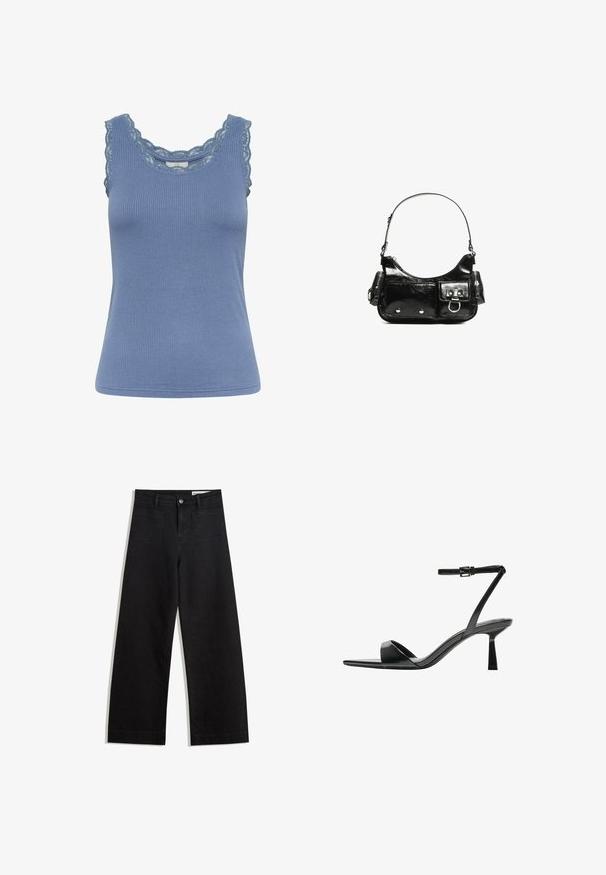 Top de culoare albastră, cu dungi, fără mâneci, având dantelă pe de-a lungul gâtului și deschiderilor pentru brațe, cu un design ajustat și textură moale.; Pantaloni din denim negri cu picioare largi, cu talie înaltă, având buzunare frontale și posterioare, cusături dublate și închidere cu nasture. Textură netedă.; Bershka Sandale cu toc - black; Geantă de mână din piele lăcuită neagră, cu o formă curbată, un umăr, buzunare frontale și accente din metal argintiu.