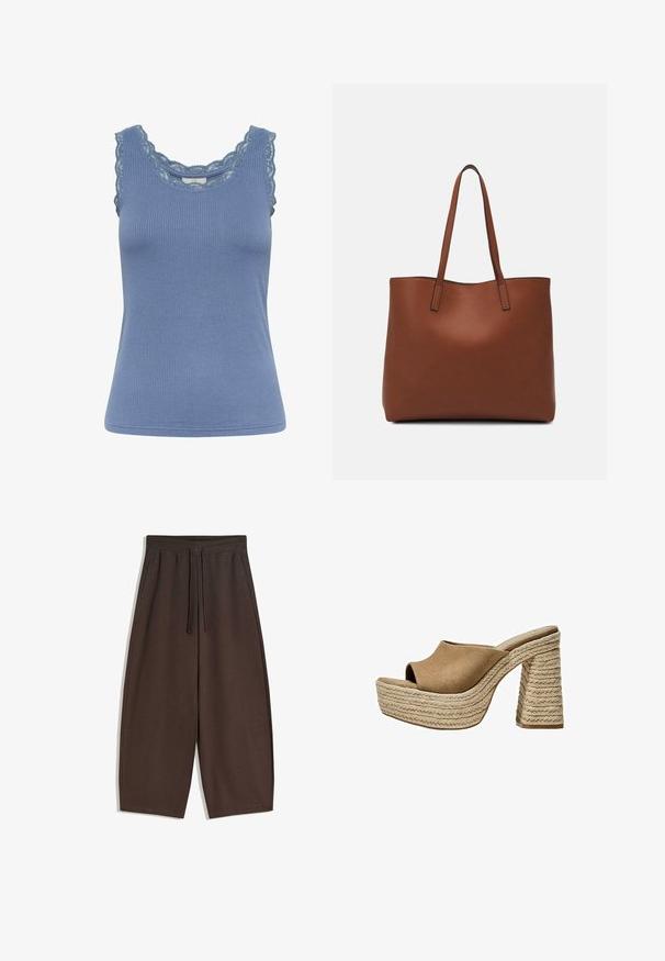 Plava rebrasta majica bez rukava s čipkastim rubom oko dekoltea i otvora za ruke, s prilagođenim krojem i mekim materijalom.; Smeđe hlače širokih nogavica od mekanog materijala, s elastičnim pojasom i vezicom, glatke teksture i čistog dizajna.; Smeđe antilopne platforme mule s otvorenom prstima, koje imaju čvrsti pleteni jutu potplat i glatki, zaobljeni gornji dizajn.; Smeđa kožna torba preko ramena s glatkom teksturom, otvorenim vrhom i dvjema naramenicama. Ima minimalne šavove i nema vidljivog hardvera.