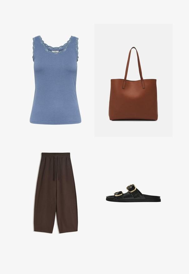 Plava rebrasta majica bez rukava s čipkastim rubom oko dekoltea i otvora za ruke, s prilagođenim krojem i mekim materijalom.; Smeđe hlače širokih nogavica od mekanog materijala, s elastičnim pojasom i vezicom, glatke teksture i čistog dizajna.; Crne sandale na klizanje s dva zlatna akcenta u obliku kopči, glatkog teksturiranog materijala, ravnim potplatom i minimalističkim dizajnom.; Smeđa kožna torba preko ramena s glatkom teksturom, otvorenim vrhom i dvjema naramenicama. Ima minimalne šavove i nema vidljivog hardvera.