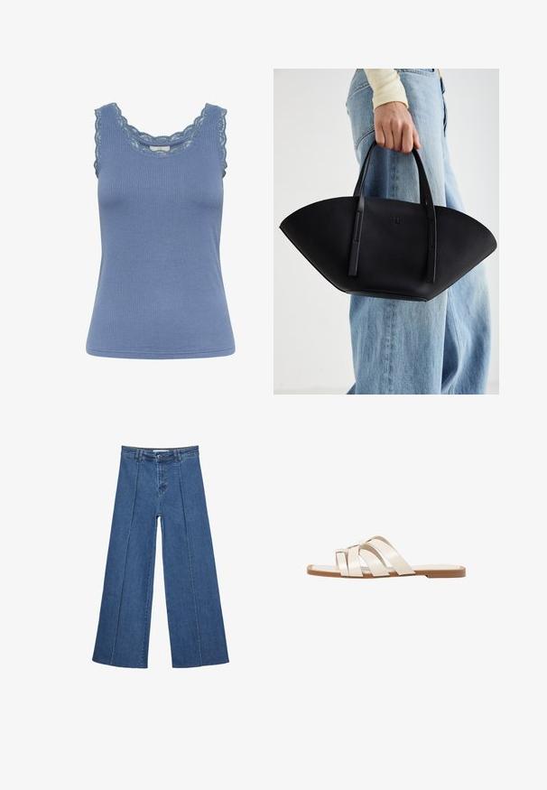 Plava rebrasta majica bez rukava s čipkastim rubom oko dekoltea i otvora za ruke, s prilagođenim krojem i mekim materijalom.; Široke traperice u srednje plavoj boji, s visokim strukom, zatvaranjem na dugme i kontrastnim vertikalnim šavovima duž prednje strane.; Ravne sandale s smeškom od gume, dizajnirane s tri preklapajuće bele kožne trake i malim detaljem mašne u sredini.; Crna kožna torba jedinstvenog oblika ventilatora, s ravnim ručkama. Površina ima teksturu sličnu šljunku i minimalistički dizajn.