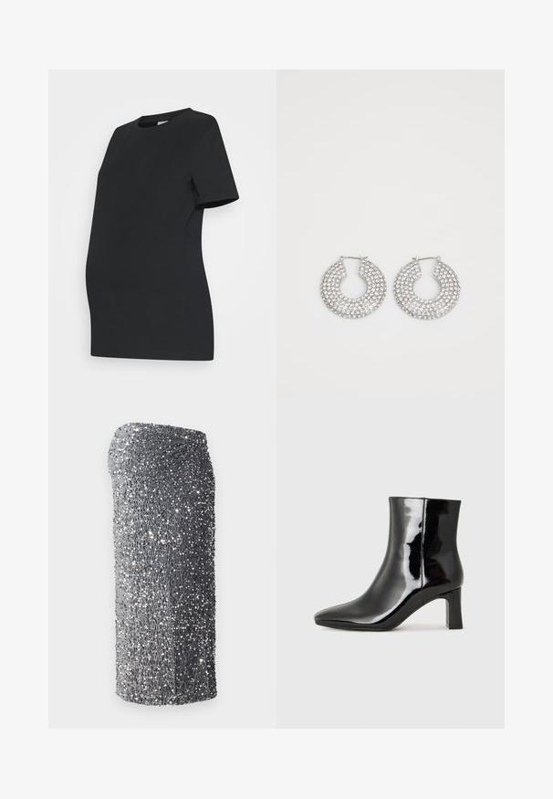 Fekete kismama póló, puha pamutból készült. Rövid ujjú, kerek nyakú, és alakra szabott dizájnnal a növekvő pocak kényelmes viselésére.; Ezüst flitteres ruha, testhezálló fazonban, sima textúrával, sötétről világos szürkére váltakozó mintázattal, rövid szegéllyel.; Fekete lakk bőrcipő bokáig érő, hegyes orral és közepes magasságú tömbsarokkal. Simább textúrával és minimalista dizájnnal rendelkezik.; Ezüst karika fülbevalók, amelyeket több átlátszó kristály díszít, texturált felülettel és nyitott, kör alakú kialakítással.
