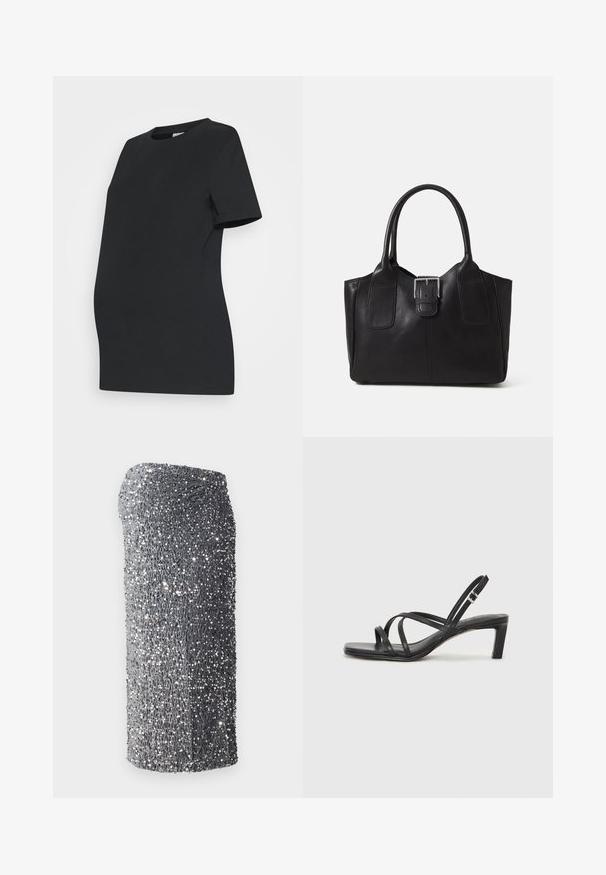 Must suve mustriks T-särk, mis on valmistatud pehmest puuvillast. Lühikesed varrukad, ümar kaelus ning keha ligi istuv disain, et mahutada kasvavat kõhtu.; Hõbedane sära-sequins kleit, millel on vormitud kuju, sile tekstuur ning gradientmustrit tumehalli kuni heledama hallini, lühike allääres.; Mustast rihmajalatsid ruudukujulise varba ja madala ploki kontsaga. Omab mitmeid õhukesi rihmasid ja reguleeritavat pahkluu rihma. Valmistatud siledast nahast.; Mustgamma nahast kott, millel on sile tekstuur, struktureeritud kuju, kaks käepidet ja esiküljel silmapaistev hõbedane pandla detail.