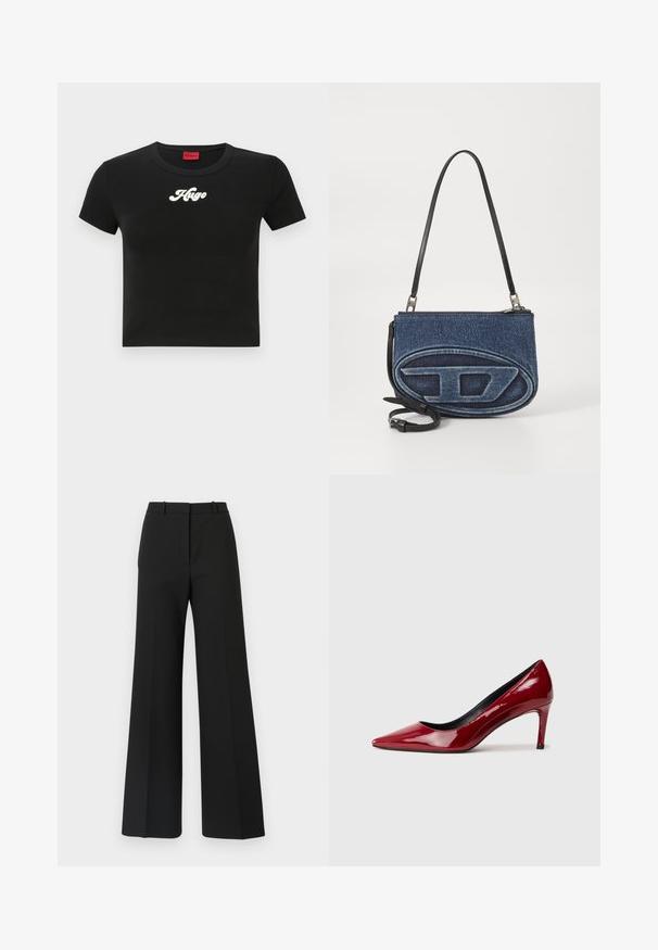 Svart kortermet T-skjorte laget av bomull, med en hvit skriptlogo "Hugo" på brystet og rund hals. Korte ermer.; Svarte vide bukser med en skreddersydd design, som har en glatt tekstur og subtile plisseringer foran. Ingen synlig maskinvare eller mønstre.; Rød lakk skinn høyhælte sko med spiss tå og slank hæl. Glatt tekstur med blank overflate og svart innvendig fôr.; Denim crossover bag med svart lærreim, oval logo-design på fronten, og glidelåsøkning på toppen. Teksturert overflate.