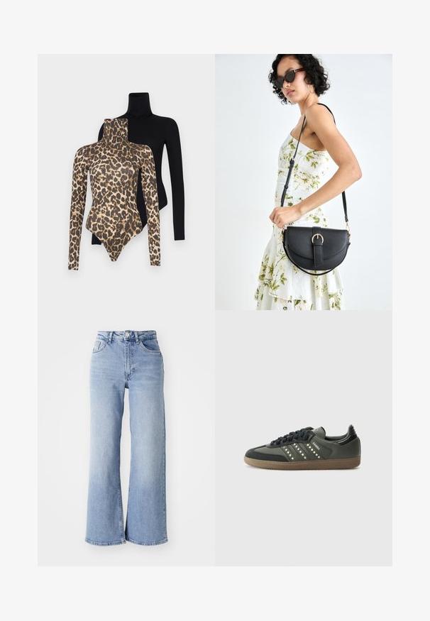 Dois bodysuits de manga longa: um em tecido preto e suave, o outro em padrão de leopardo em tons de bege e castanho. Ambos com gola alta.; Jeans de cintura alta, de perna larga, em azul claro, com bolsos frontais e traseiros, fecho de botão e desbotamento subtil nas coxas e nas bainhas.; adidas Originals SAMBA OG - Sapatilhas - core black/legend earth/gum; Bolsa de couro preta com forma curva, alça destacável e detalhes em dourado. A bolsa possui uma aba com detalhe de fivela.