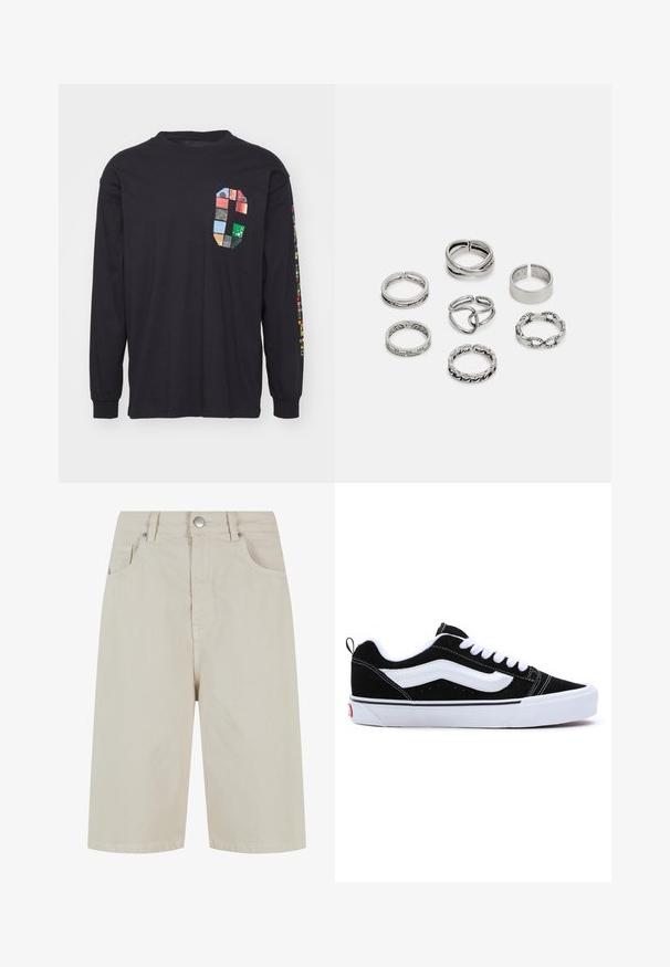 Melnas garajām piedurknēm T-krekls no kokvilnas auduma ar krāsainu apģērba izšūšanas dizainu uz krūšdaļas un grafisku druku gar piedurknēm.; Beige džinsu šorti ar taisnu griezumu, priekšējo pogu aizdari un četriem kabatām. Audumam ir gluda tekstūra un minimālas šuvju detaļas.; Melnas zamšādas sporta apavus ar baltām akcentiem, ar zemu dizainu, šņorējamu aizdari un biezām baltām gumijas zolēm. Zīmola logo uz papēža.; Septi sudraba gredzeni ar dažādām dizaina iezīmēm, ieskaitot savītas, savienotas un iegravētas formas. Atšķirīgas formas un platumi.