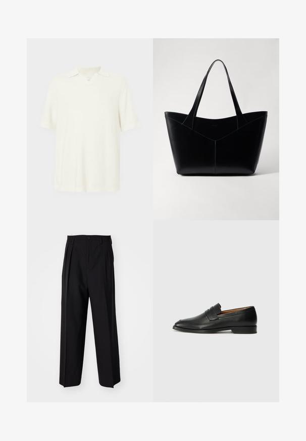 Lühikeste varrukatega polo-särk, heledast kreemjas värvis, tekstureeritud kangast, millel on V-kaelus ja klassikaline krae.; Mustad volditud püksid sirge ja laia säärega disainiga. Valmistatud siledast kangast, millel on nuppudega sulgemine ja vööaasad.; Must musta loafers ümarate varvastega, peene tikandiga ja madala kontsaga, millel on sile tekstuur ja minimalistlik disain.; Must must kaasa kandmiseks mõeldud must nahk, millel on struktureeritud kuju. Kaks pikka sangaga ning ettepoole suunatud V-kujuline õmblusdetail. Sile tekstuur.
