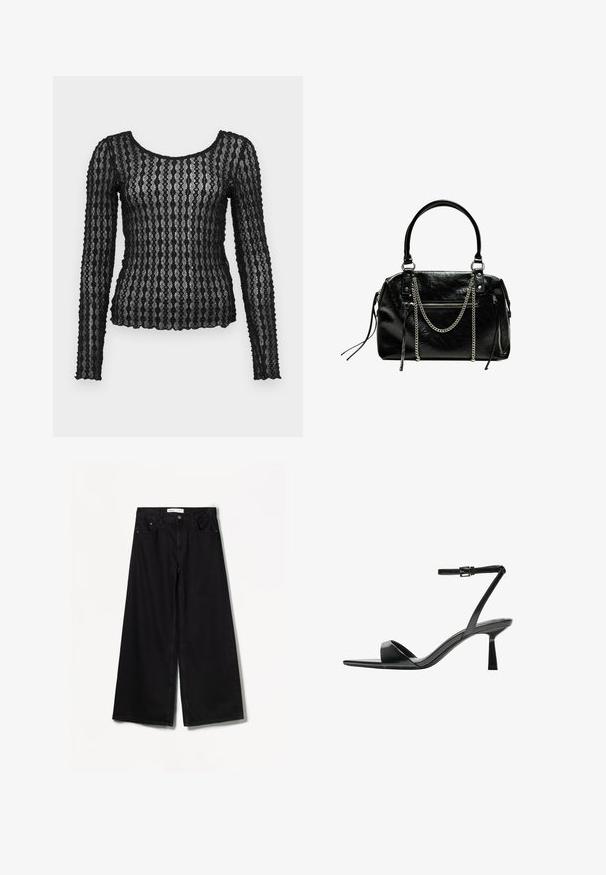 Sort langærmet top lavet af gennemsigtig blonder med tekstureret zigzag-mønster, der har en rund halsudskæring og tætsiddende silhuet.; Bershka WIDE-LEG - Wide leg - black; Bershka Højhælede sandaletter / Højhælede sandaler - black; Bershka WITH CHAIN - Håndtasker - black