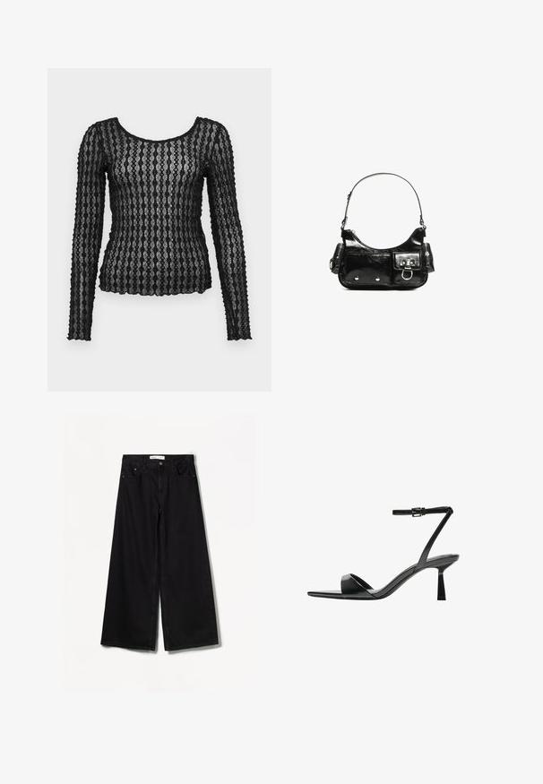 Fekete, hosszú ujjú felső áttetsző csipkéből, texturált cikk-cakk mintával, kerek nyakkivágással és testhez simuló sziluettel.; Bershka WIDE-LEG - Széles szárú - black; Bershka Magas sarkú szandálok - black; Fekete lakkbőr kézitáska ívelt formával, egy vállpánttal, elülső zsebekkel és ezüstszínű fémrészletekkel.