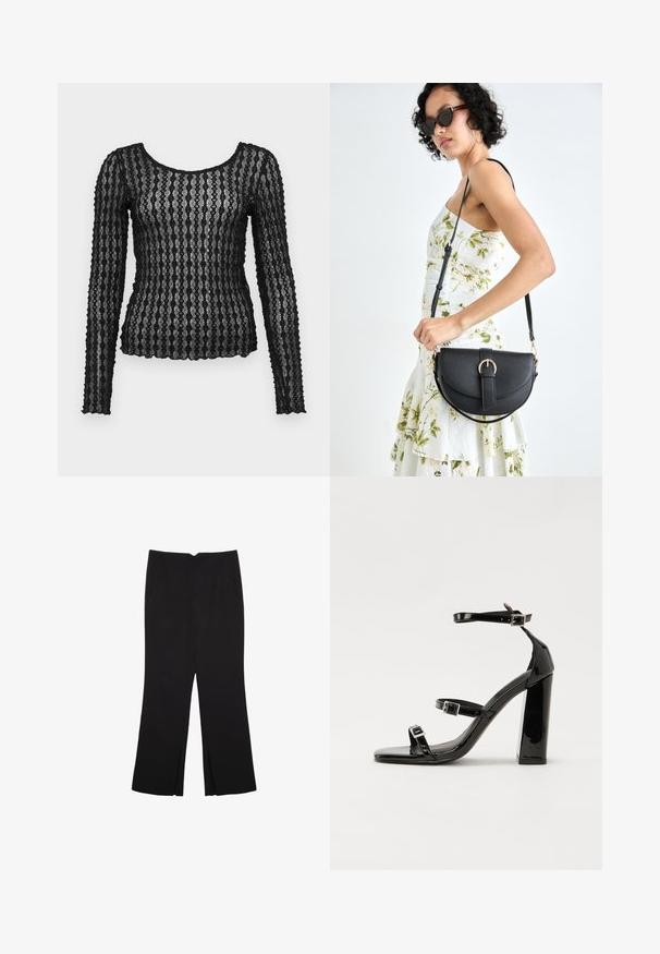 Černý dlouhý rukáv top vyrobený z průhledné krajky s texturovaným cik-cak vzorem, s kulatým výstřihem a přiléhavým střihem.; Černé kalhoty s rovným střihem, s předními kapsami a bočními rozparky na lemu. Vyrobené z jemné, hladké tkaniny. Vhodné na různé příležitosti.; Černé lakované sandály na podpatku se čtveratou špičkou, lýtkovými pásky a stříbrnými přezkami. Disponují masivním blokovým podpatkem pro stabilitu.; Černá kožená kabelka s křivkovým tvarem, odnímatelným popruhem a zlatými detaily. Kabelka má klopu s přezkou.