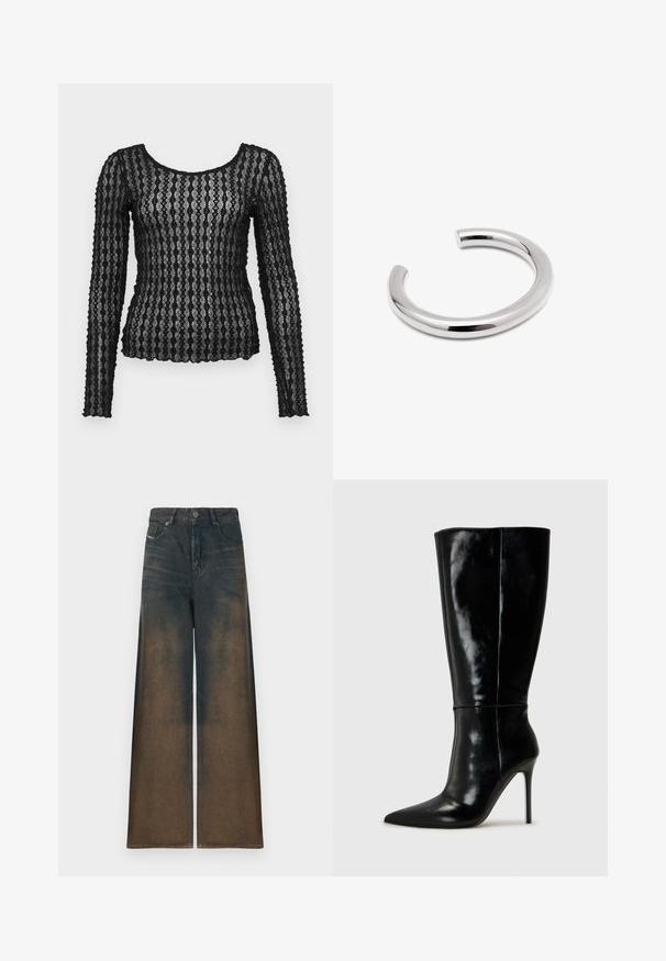 Schwarzes Langarmtop aus transparenter Spitze mit strukturiertem Zickzackmuster, ausgestattet mit einem Rundhalsausschnitt und enganliegender Silhouette.; Weite Jeans in dunklem Denim, mit einem Farbverlauf von Dunkel- zu Hellbraun, im klassischen Five-Pocket-Design und metallischem Knopfverschluss.; Schwarze Leder-Knielange Stiefel mit spitzem Schuh und hohem Stiletto-Absatz. Glatte Textur und elegantes Design, das sich durch minimale Details auszeichnet.; Silberne Armreife in einem glatten, abgerundeten Design. Verfügt über eine nahtlose, polierte Oberfläche mit einer offenen Enden für einfaches Tragen.