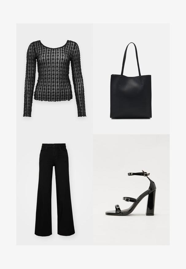 Black long-sleeve top made of sheer lace with textured zigzag pattern, featuring a scoop neckline and fitted silhouette.; Black wide-leg pants made of denim, featuring a structured waistband, belt loops, and front pockets. Smooth texture with a classic design.; Black patent heeled sandals with a square toe, ankle straps, and silver buckles. Features a chunky block heel for stability.; Black leather tote bag with smooth texture, rectangular shape, and two long handles. No visible hardware or embellishments.