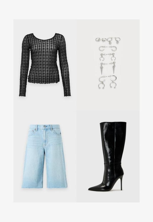 Melna garām piedurknēm augša, izgatavota no caurspīdīgas mežģīnes ar teksturētu zigzaga rakstu, ar ovālu kakla izgriezumu un pieguļošu siluetu.; Gaiši zili džinsu šorti ar brīvu piegriezumu, saplēstu apakšmali, piecām kabatām un metāla piederumiem. Klasiska džinsu dizaina ar maigu izbalējumu.; Melnas ādas zābaki līdz ceļiem ar smailu purngali un augstu stiletto papēdi. Gluda tekstūra un elegants dizains, ar minimālu dekoru.; Sudraba auskaru komplekts ar dažādiem dizainiem: riņķi, studē un karājoši stili, ar bumbu akcentiem un izliektiem elementiem.
