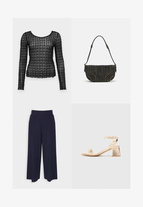 Camisola preta de mangas compridas feita de renda transparente com padrão zigzag texturizado, apresentando um decote arredondado e silhueta justa.; Calças largas em tecido azul-marinho escuro com uma textura ribada. Apresenta uma cintura suave e uma silhueta fluida, atingindo o comprimento até metade da panturrilha.; Sandalha metálica dourada com um salto em bloco angular, duas tiras sobre o pé e uma tira ajustável no tornozelo. Textura suave.; Bolsa de mão em camurça preta com um design curvado, apresentando detalhes em rebites e uma superfície texturizada. Alça ajustável com detalhes em pinos ao longo da borda.