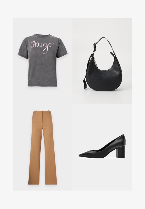 Camiseta de algodón gris con cuello redondo y mangas cortas, que presenta un logo en cursiva rosa "Hugo" en el pecho. Textura suave y diseño casual.; HUGO HULANA - Pantalones chinos - open brown; Zapato de charol negro con puntera afilada y tacón cuadrado ancho. Textura suave, diseño simple, adecuado para entornos formales.; Bolso de hombro de piel negra con forma curvada, cierre de cremallera y correa ajustable. Presenta logo de la marca en relieve en la parte frontal.