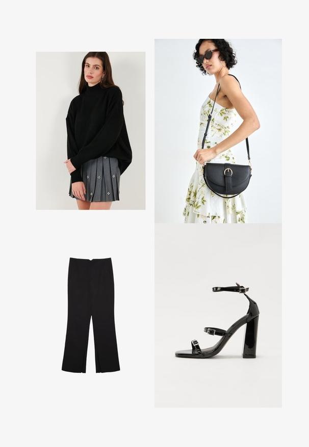 Schwarzer Strickpullover mit hohem Kragen und überschnittenen Schultern, kombiniert mit einem grauen plissierten Rock mit dekorativen floralen Verzierungen.; Schwarze Hose mit geradem Schnitt, ausgestattet mit Fronttaschen und Seitenschlitzen am Saum. Hergestellt aus weichem, glattem Stoff. Geeignet für verschiedene Anlässe.; Schwarze Lackleder-Sandalen mit hohen Absätzen, zwei Riemen mit Schnallen, quadratischer Zehenpartie und klobigem Blockabsatz, mit einer glatten, glänzenden Textur.; Schwarze Lederhandtasche mit geschwungener Form, abnehmbarem Tragegurt und goldenen Beschlägen. Die Tasche verfügt über einen Deckel mit einer Schnallen-Details.