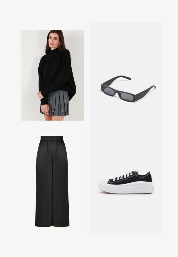 Schwarzer Strickpullover mit hohem Kragen und überschnittenen Schultern, kombiniert mit einem grauen plissierten Rock mit dekorativen floralen Verzierungen.; Schwarze, weit geschnittene Hosen aus glattem, glänzendem Stoff mit elastischem Bund und ohne sichtbare Taschen oder Metallteile.; Schwarze Canvas-Sneaker mit weißen Schnürsenkeln, weißer Gummikappe und einer massiven weißen Zwischensohle. Besondere Merkmale sind dezente weiße Nähte und eine Gummisohle.; Schwarze rechteckige Sonnenbrillen mit dunklen Gläsern und dicken matten Rahmen. Die Bügel sind leicht verjüngt und haben eine glatte Oberfläche.