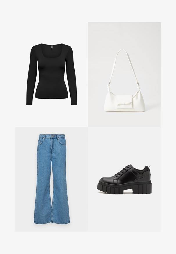 Czarny top z długim rękawem o kwadratowym dekolcie. Wykonany z gładkiego, elastycznego materiału. Dopasowany krój zwężający się w talii. Bezszwowe ramiona.; Jasnoniebieskie dzwony z denimu, z wysokim stanem, pięcioma kieszeniami i zapięciem na jeden guzik. Miękka tekstura z wyblakłym wykończeniem.; Czarne skórzane buty na platformie z masywnym słupkowym obcasem, okrągłym noskiem i klasycznym sznurowaniem. Posiadają gładką teksturę i minimalne wykończenia.; Biała syntetyczna torba o trójkątnym kształcie, płaskim przednim klapce i detalach w postaci kokardy, regulowanym pasku, gładkiej fakturze oraz minimalistycznym designie.