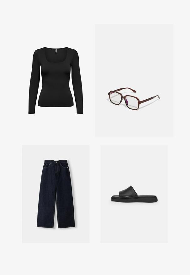 Black long-sleeve top with a square neckline. Made of smooth, stretchy fabric. Fitted design tapering at the waist. Seamless shoulders.; Dark blue denim wide-leg jeans with a high waist, five pockets, contrast stitching, and silver metal hardware. Smooth texture and clean finish.; Black slide sandal with a smooth leather upper, a wide band, and a flat rubber sole, featuring a minimalist design and no visible hardware.; Brown, rectangular eyeglasses with transparent lenses and purple tints. Smooth plastic frame with straight temples and subtle accents.