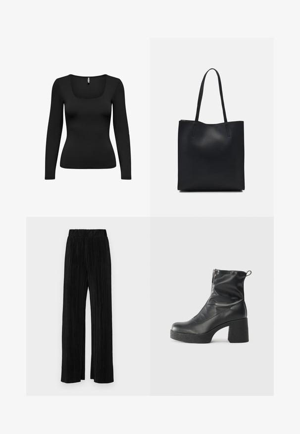 Svart långärmad topp med fyrkantig halsringning. Tillverkad av mjukt, stretchigt tyg. Tight passform som smalnar av vid midjan. Sömlösa axlar.; Svarta plisserade byxor med resårmidja. Har vida ben och ett mjukt, texturerat material med vertikala ränder.; Svarta ankelstövlar i slitstark läder, med sidodragkedja, kraftig strukturerad klack och rundad tådesign.; Svart lädertoffelväska med slät textur, rektangulär form och två långa handtag. Ingen synlig hårdvara eller dekorationer.