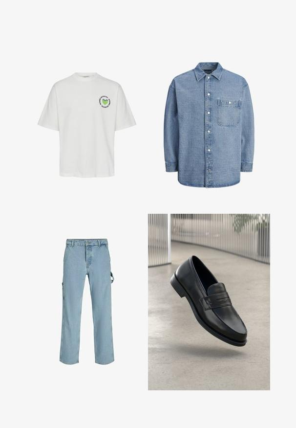 Bijela pamučna majica s okruglim grafičkim uzorkom koji prikazuje zeleni srce i natpis. Kratki rukavi i dizajn s okruglim izrezom. Redovita veličina.; Svijetloplava traper košulja sa klasičnom kragnom, prednjim dugmadi za zatvaranje i jednim džepom na prsima s poklopcem i dugmetom na zakovicu.; Svijetloplave traper cargo hlače s opuštenim krojem, koje imaju bočne petlje za pričvršćivanje i prednje džepove, odlikuju se izblijedjelom teksturom.; Crni kožni loafer glatke teksture, špicastog vrha i ukrasnim remenom preko gornjeg dijela stopala. Lagani potplat, minimalistički dizajn.