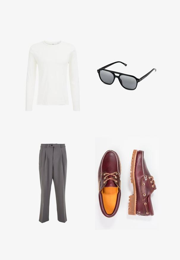 Vit långärmad t-shirt gjord av mjuk bomull. Har en rundad halsringning och en slimmad passform utan synliga mönster eller detaljer.; Grå plisserade byxor i mjukt tyg, med rak passform, en enkel knappstängning och bälteshällor. Minimalistisk design.; Burgundy läderskor med bruna gummisulor, rund tå, vit söm och gyllene öljetter. Inredningen har en gul foder.; Svarta solglasögon med rektangulära bågar, gråtonade linser och en design med urtag i näsbryggan. Slank, glänsande plastmaterial, med smala skalmar.