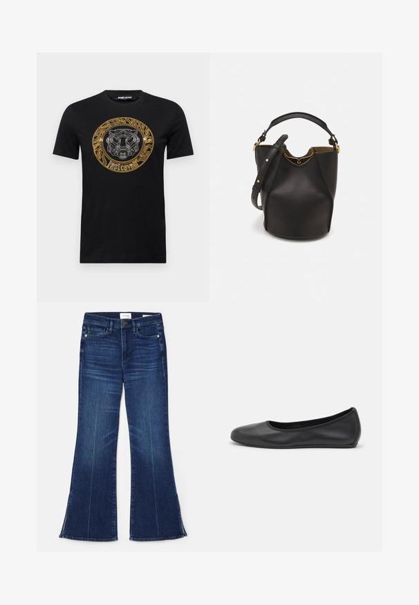 Just Cavalli TIGER  - Camiseta estampada - black; Vaqueros acampanados de color azul oscuro, hechos de mezclilla. Presentan una cintura alta, bolsillos frontales y detalles de abertura en el dobladillo. Diseño clásico de cinco bolsillos.; Bailarina de piel negra con punta redondeada, textura suave, detalle de costura minimalista y diseño de suela flexible.; Bolso de cubo negro de cuero con un acabado texturizado, acentos de hardware dorado y parte superior abierta. Cuenta con un asa corta y una correa de hombro ajustable.