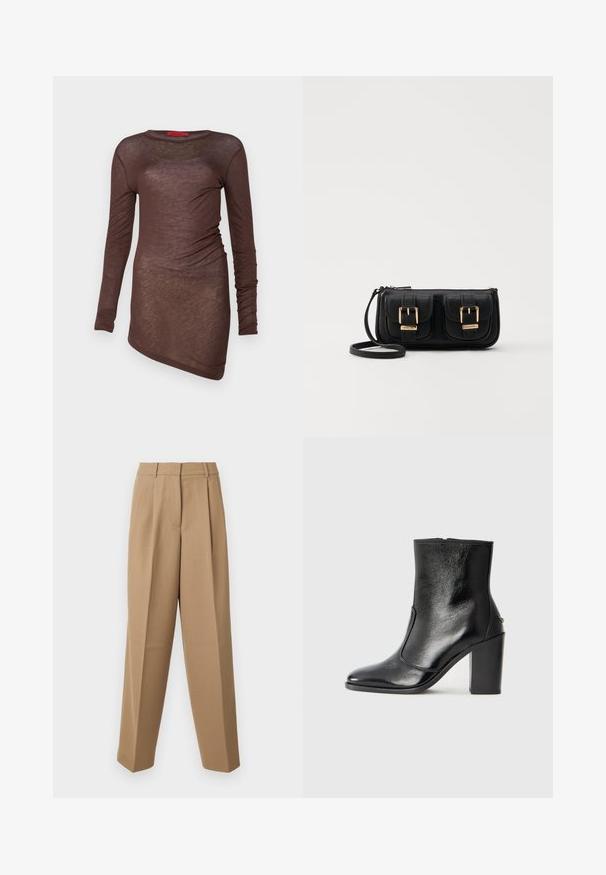 Brown long-sleeve dress with a slightly textured, sheer fabric. Features a round neckline and asymmetrical hemline with gathered detailing.; Beige tailored trousers with a high waist, pleated front, and wide-leg cut. The fabric appears smooth with a slight sheen.; Black leather ankle boot with a smooth texture, pointed toe, and a chunky high heel. Features a side opening and minimalistic design.; Black leather crossbody bag with two front pockets, gold buckles, zipper closure, and a slim strap. Textured surface and compact rectangular shape.