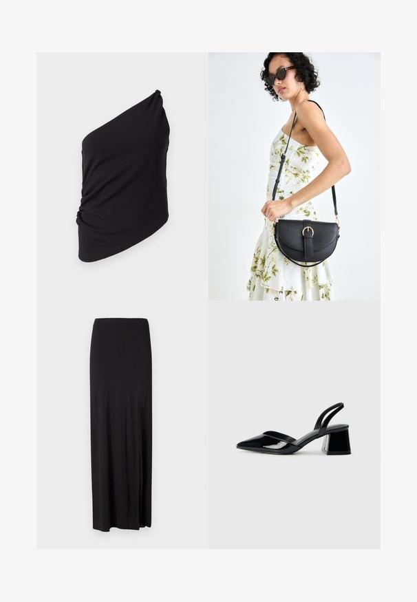 Black one-shoulder top made of soft fabric, featuring draped detail on the side and a smooth texture with an asymmetrical silhouette.; Black maxi skirt made of soft, stretchy material. Features a side slit and a simple, streamlined design with no embellishments.; Black patent leather slingback heels with a pointed toe and a geometric block heel. Features a sleek, minimal design and smooth texture.; Black leather handbag with a curved shape, detachable strap, and gold hardware. The bag features a flap with a buckle detail.