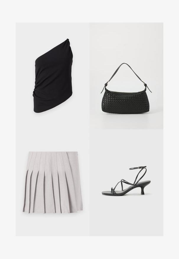 Top preto de um ombro feito de tecido suave, apresentando detalhes drapeados de lado e uma textura lisa com uma silhueta assimétrica.; Saia cinza plissada com uma textura suave, apresentando múltiplos pregas verticais e uma cintura ajustada. Feita de tecido leve.; Sandálias pretas de salto alto com tiras finas, design aberto na ponta e um pequeno salto largo. O material parece suave e brilhante.; Bolsa de ombro preta entrelaçada com alça de couro lisa e fecho com zíper. Apresenta uma superfície texturizada e forma curvada.