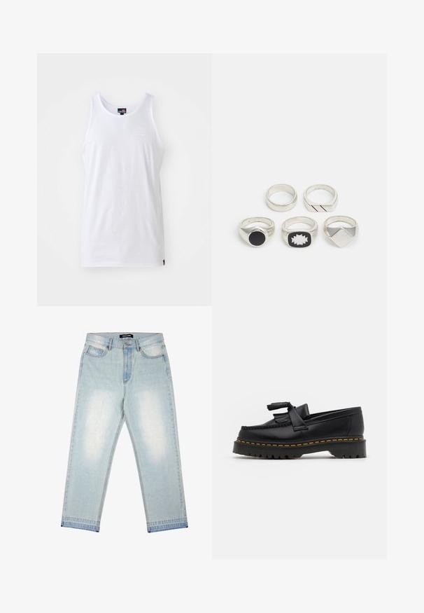 Ellesse TOMIS - Topper - white; Pegador BARROW - Løst sittende jeans - sand washed blue; Svart skinn loafers med en kvastdetalj, med en tjock svart sula och gul sömnad längs kanten. Texturerad yta.; Fem sølvringer: en med et svart sirkulært detalj, en med et hvitt og svart geometrisk mønster, og de andre med forskjellige former og overflater.